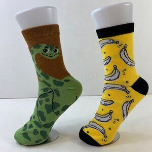 Mens Crew Socks Set 2 Snake Banana Print Green Yellow Brown White Black